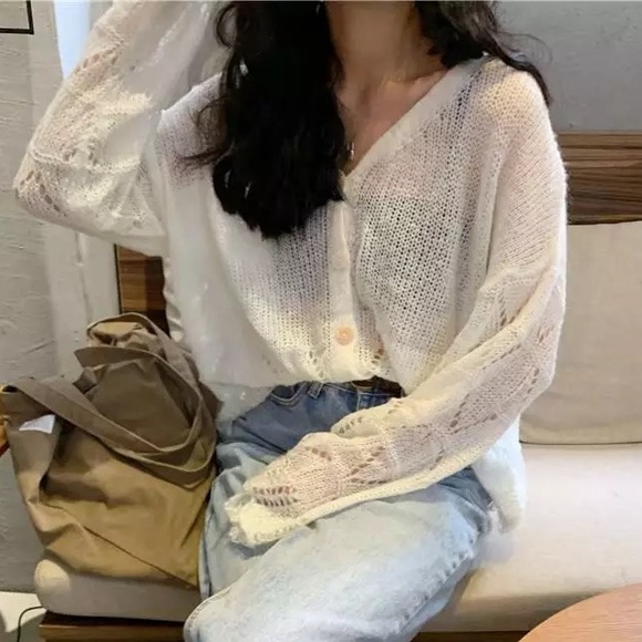 Shea Knit Fall Cardigan Loose Sweater, White - Picture 3 of 4